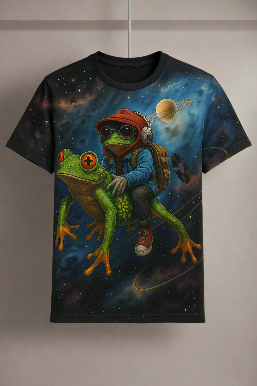 T-shirt with a space-themed design featuring a person on a frog, against a starry sky.