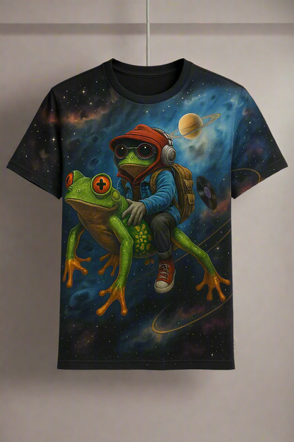 T-shirt with a space-themed design featuring a person on a frog, against a starry sky.
